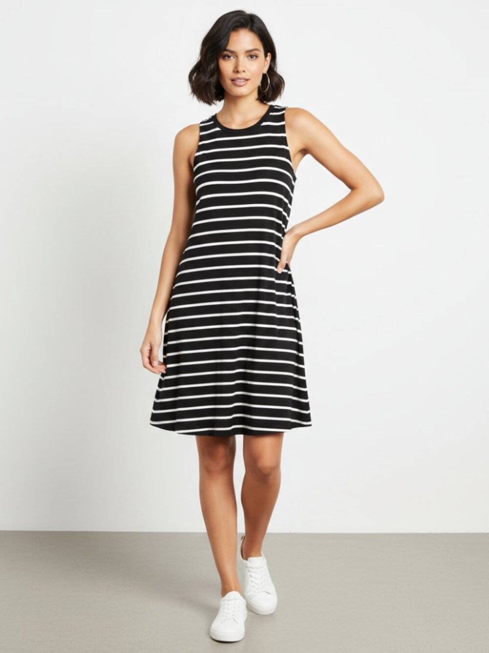 Time Tru S Women's Black White Striped Knit Swing Tank Dress Knee Midi Pockets